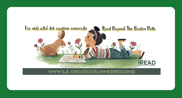 Summer Reading Program image of a girl and a rabbit reading in the grass.