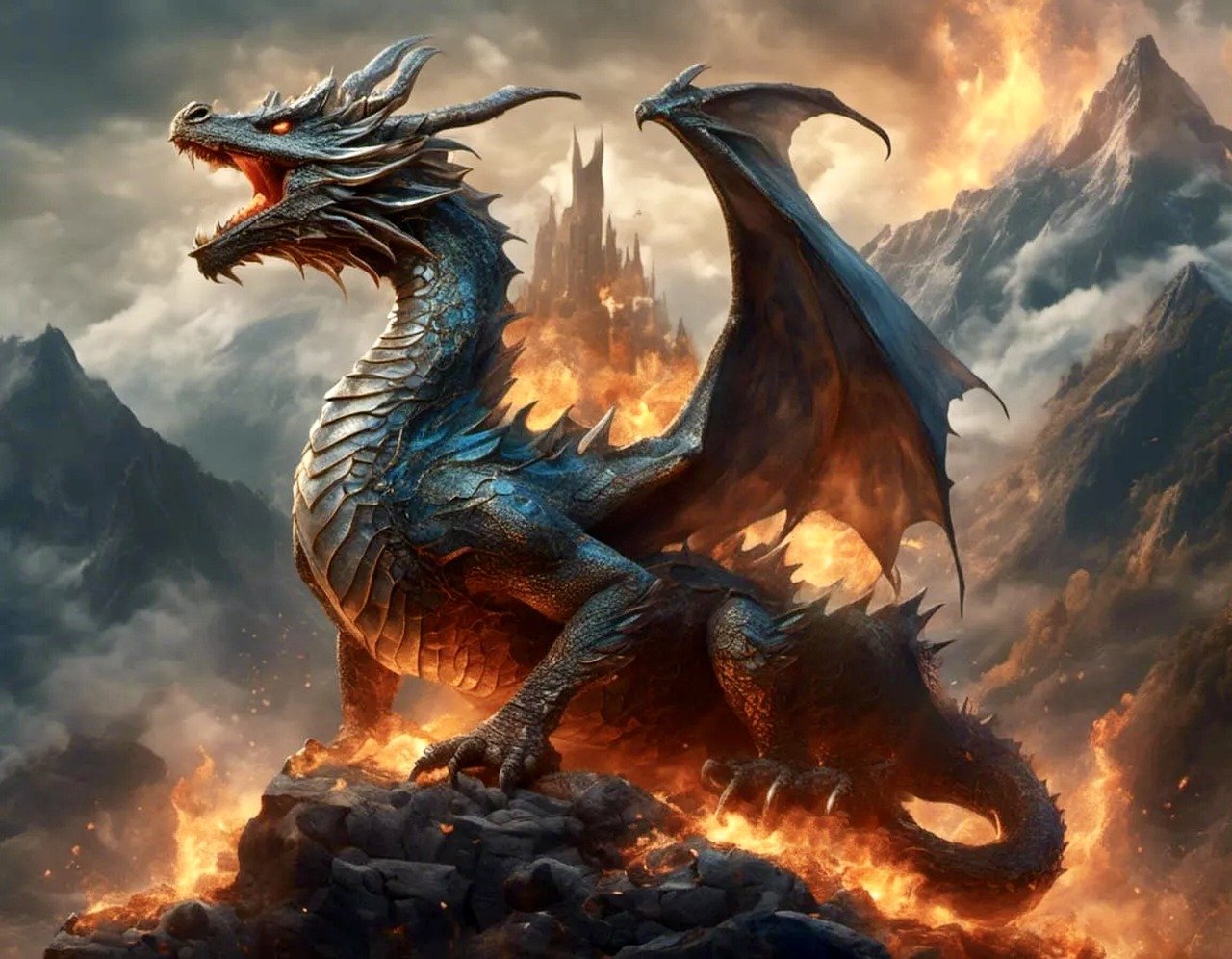 dragon wreathed in fire on a mountain