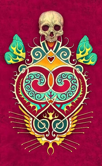 Pixabay illustration of skull on top of a curly design with moths wings on either side.